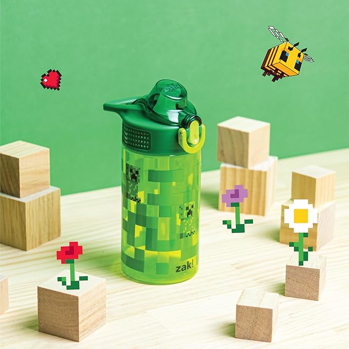 Zak Designs Sage Minecraft Kids Water Bottle For School or Travel, 16oz Durable Plastic Water Bottle With Straw, Handle, and Leak-Proof, Pop-Up Spout Cover (Creeper)