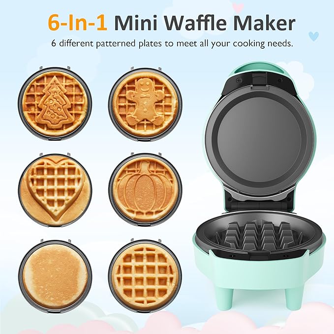 Sunvivi 4" Mini Waffle Maker: 6 in 1 Waffle Iron, Waffle Maker with Removable Plates 6pc, non-stick plates easy to clean, Mini Pancake Maker for Kids, Chaffle maker, Pizzelle iron