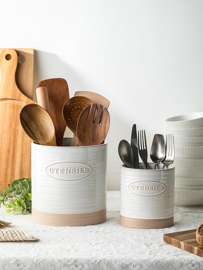 YHOSSEUN Utensil Holder Set of 2, Ceramic Utensil Holder for Kitchen Counter, 6.7"+5.1" Kitchen Utensil Crocks Spatula Holder for Countertop, Two-tone Finish Oval Opening