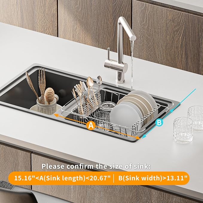 JAQ Dish Drying Rack in-Sink, 304 Stainless Steel Dish Drainer with Stainless Steel Silverware Holder Over Inside Sink-Adjustable 15.16" to 20.59" Maximium 13 Upright Dishes