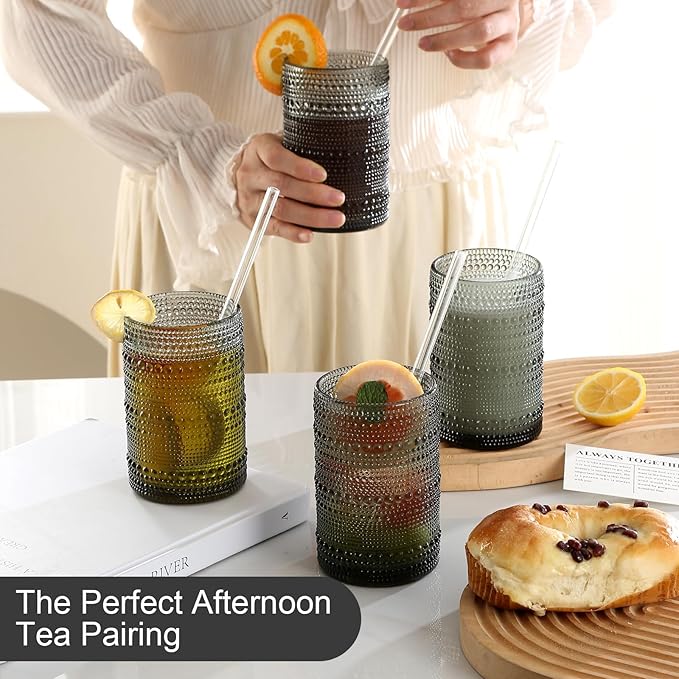 Vintage Glassware Drinking Glasses Set of 12,Grey 12oz & 15oz Hobnail Glass Cups,Embossed Water Tumbler,for Beer,Cocktail,Whiskey,Juice and Various Mixed Drinks- 1 Cleaning Brush