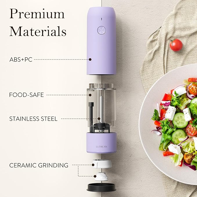 Ultrean Electric Pepper Grinder, Rechargeable Salt and Pepper Grinder with 6 Adjustable Coarseness, LED Light, One-Hand Automatic Operation, Lavender Purple