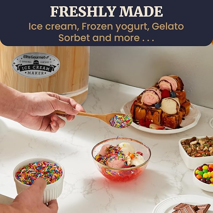 Elite Gourmet Old Fashioned 4 Quart Vintage Wood Bucket Electric Ice Cream Maker Machine Appalachian, *Bonus Classic Die-Cast Hand Crank for Churning, Uses Ice and Rock Salt Churns Ice Cream in Minute