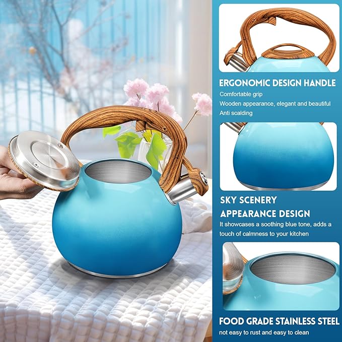 GGC Tea Kettle for Stove Top, 3.1QT/3L Whistling Tea Kettles for Boiling Water Coffee or Milk, Gradient Blue Tea Pot with Wood Parttern Handle, Stainless Steel Tea Pots for Home and Kitchen