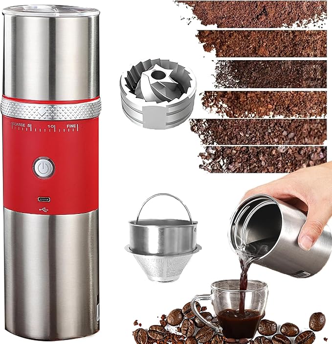 Portable Burr Coffee Grinder, Electric Adjustable Burr Mill Machine Suitable for Travel,Camping with Bag (Red)