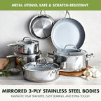 GreenPan Valencia Pro Stainless Steel 10 Piece Cookware Pots and Pans Set, Induction Suitable Mirrored Tri-Ply, Ceramic Nonstick PFAS-Free PFOA-Free Coating, Multi Clad, Dishwasher Oven & Broiler Safe