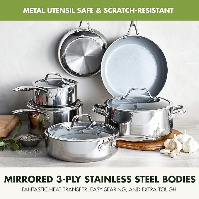 GreenPan Valencia Pro Stainless Steel 10 Piece Cookware Pots and Pans Set, Induction Suitable Mirrored Tri-Ply, Ceramic Nonstick PFAS-Free PFOA-Free Coating, Multi Clad, Dishwasher Oven & Broiler Safe