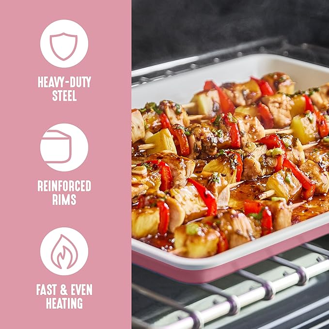 GreenLife Bakeware 18” x 13” Half Cookie Sheet Baking Pan, Non-Toxic PFAS-Free Healthy Ceramic Nonstick, Oven Safe to 450°F, Easy Release, Even Heating, Easy Clean, Pink