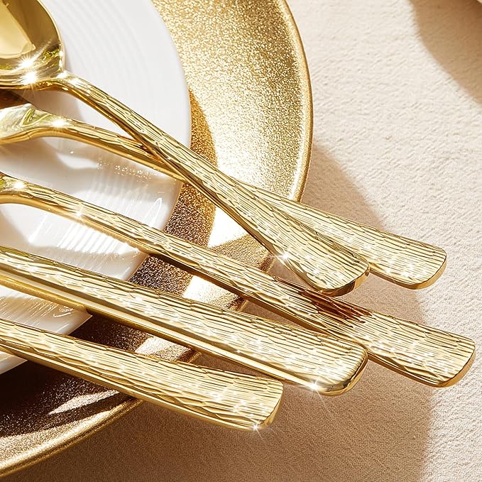 KINGSTONE Gold Hammered Silverware Set, Flatware Set with Serving Utensils, 18/10 Stainless Steel Premium Cutlery with Unique Ripple Handles Design Mirror Polished - Dishwasher Safe (45-Piece)