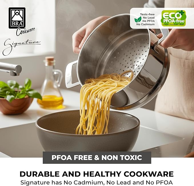 BRA COOKWARE Signature 5 Piece Cookware Set | Stainless Steel Professional Kitchenware Set | 1 Pot, 1 Colander, 2 Frying Pans, 1 Lid | All Stovetop Compatible | PFOA Free