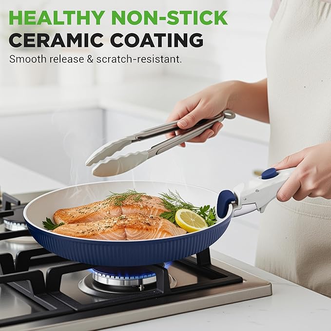 NutriChef 18-Piece Ceramic Cookware Set with Detachable Handles, Non Stick Pots and Pans, PTFE-Free Natural Ceramic Coating, Space-Saving Design, Oven & Stove Safe, Includes Utensils, Blue