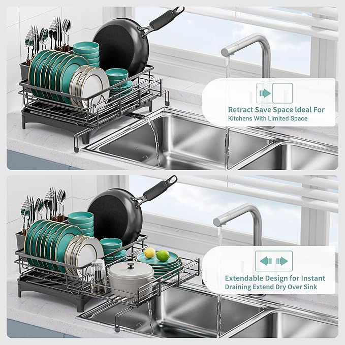 Large Dish Drying Rack - Expandable Dish drainers for Kitchen Counter,Over The Sink Dish Drainer Drying Rack,Rustproof Dish Drainer with Utensil Holder and Drainboard