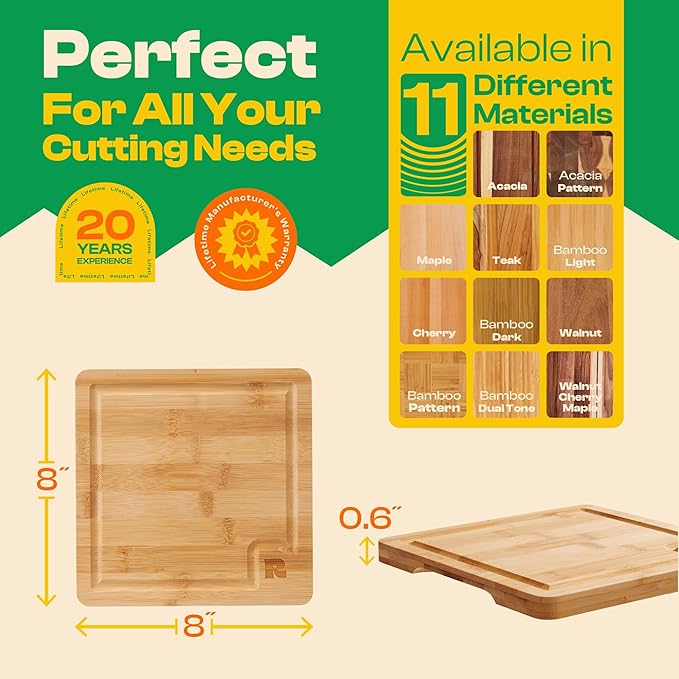 Riveira Brown Bamboo Wood Cutting Board – Gourmet Bamboo Grandeur: 8 x 8 Wooden Cutting Board – Wooden Cutting Boards For Kitchen Decorative – Innovative Juice Grooves Wooden Chopping Board
