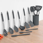Kitchen Cooking Utensils Set of 15, Silicone and Stainless Steel Utensils Spatula Set with Holder, Heat Resistant & Dishwasher Safe - Grey