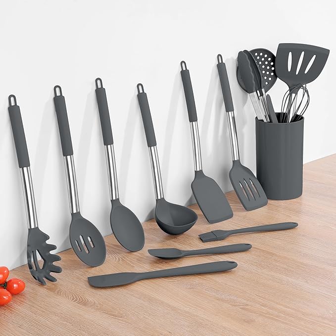 Kitchen Cooking Utensils Set of 15, Silicone and Stainless Steel Utensils Spatula Set with Holder, Heat Resistant & Dishwasher Safe - Grey