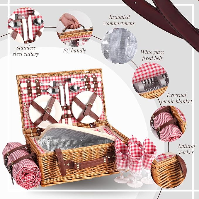 Picnic Basket Set for 4 with Waterproof Blanket Mat Insulation Bag Wicker Red Plaid Classic Vintage Gifts for Wedding Birthday Summer Camp Outdoor Camping Beach Travel Christmas Thanksgiving