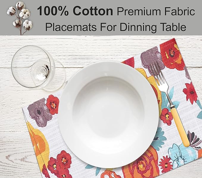 Ruvanti Placemats 100% Cotton 13x19 Inch, Dining Table Placemats Set of 6, Modern Place Mats for Dining Table Decor, Kitchen & Table Linens, Coffee Mat for Christmas Dinners – Multi Flower