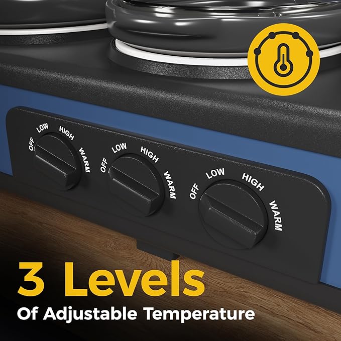 Triple Slow Cooker, Buffet Food Warmer with 3 x 1.5 QT Removable Ceramic Pots, Buffet Servers and Warmers with Glass Lids and 3 Spoons, Stainless Steel, Blue