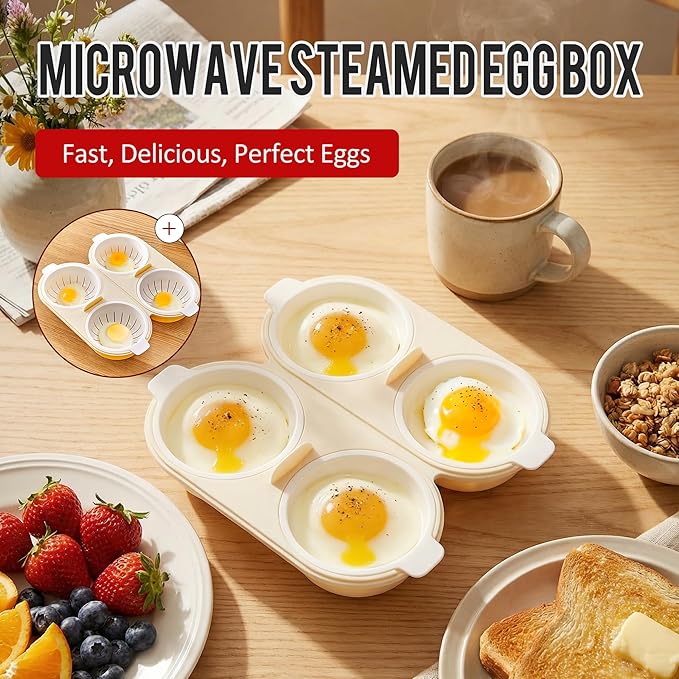 Li&Zhao Microwave Egg Poacher–4 Cavity Eggs Microwave Egg Cooker with Lid, Effortless to Cook and Clean, Perfect for Making Poached Eggs,Dishwasher Safe Double Layer Microwave Boiled Eggs