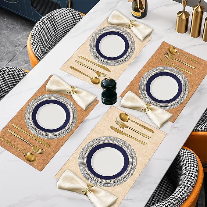 SUEH DESIGN Leather Placemats Set of 6 Reversible Table Mats Heat Resistant Waterproof No-Slip Place Mats for Dining Table Kitchen Parties, Camel and Beige