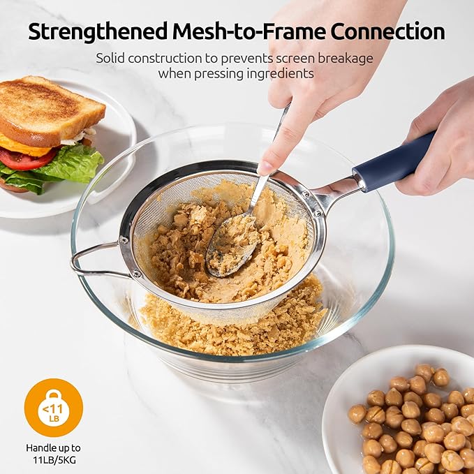 U-Taste Medium Fine Mesh Strainer: 18/8 Stainless Steel 4.73in 30 Mesh Kitchen Food Sieve with Sturdy Riveted Silicone Handle, Heavy Duty Deep Handheld Metal Colander for Rice, Quinoa(Midnight Blue)