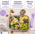 Everusely - Bento Box - Lavender, 47oz / 1.4 L - Stainless Steel Lunch Box with Leakproof Condiment Container - 3 Compartment Snack Organizer for On the Go Meals - Freezer & Dishwasher Safe