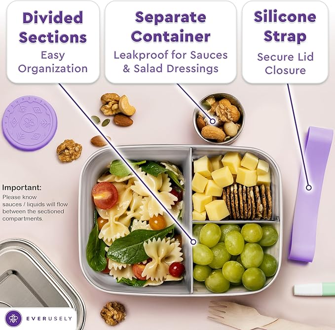 Everusely - Bento Box - Lavender, 47oz / 1.4 L - Stainless Steel Lunch Box with Leakproof Condiment Container - 3 Compartment Snack Organizer for On the Go Meals - Freezer & Dishwasher Safe