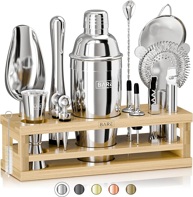 BARE BARREL® Mixology Bartender Kit Bar Set | 16-Piece Cocktail Shaker Set | Martini Barware Mixing Tools for Home Bartending | Incl. 35 Recipe Cards | Gift Set (24oz Cobbler Shaker, Silver/Natural)