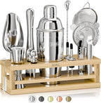 BARE BARREL® Mixology Bartender Kit Bar Set | 16-Piece Cocktail Shaker Set | Martini Barware Mixing Tools for Home Bartending | Incl. 35 Recipe Cards | Gift Set (24oz Cobbler Shaker, Silver/Natural)