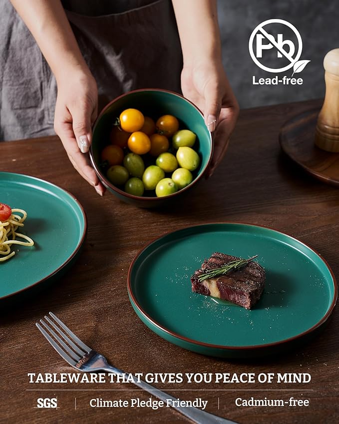 Famiware Mercury Plates and Bowls Sets, 18 Pieces Stoneware Dinnerware Sets, Dishes Set for 6, Microwave and Dishwasher Safe, Dark Green