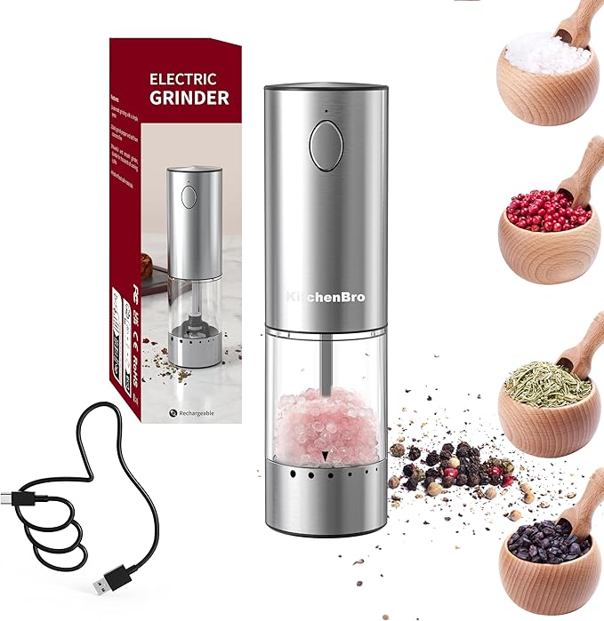Electric Salt and Pepper Grinder 6 Levels Adjustable Coarseness Refillable Stainless Steel Auto Salt and Pepper Grinder Mill Usb Rechargeable with Lights(1Pack)