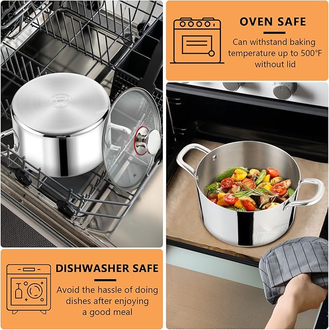 P&P CHEF 4 Quart Tri-Ply Stainless Steel Stock Pot, 4 Qt Stockpot Pasta Cooking Pot with Visible Lid for Soup Vegetable, Induction Cookware for All Stoves, Sturdy & Double Handle, Dishwasher Safe