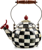 MACKENZIE-CHILDS Enamel Whistling Tea Kettle, Decorative Teapot for Stovetop, Black-and-White Courtly Check