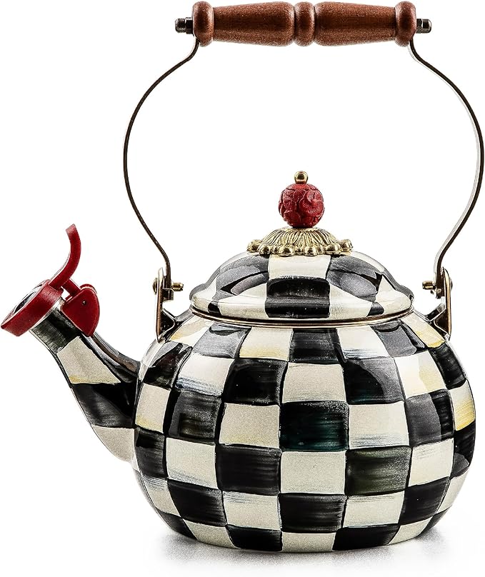 MACKENZIE-CHILDS Enamel Whistling Tea Kettle, Decorative Teapot for Stovetop, Black-and-White Courtly Check
