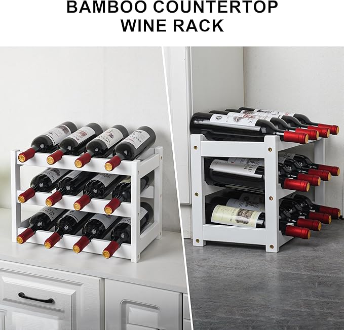 VASMIA Bamboo Wine Rack, Sturdy and Durable Wine Storage Cabinet Shelf, Wine Racks Countertop for Pantry,Kitchen,3-Tier 12 Bottles Wine Rack White