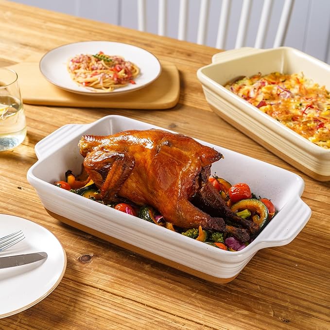 Casserole Dish Cookware , 14.5" Lasagna Pan Deep for Oven, Ceramic Baking Dish, Large Baking Pan with Handles, Durable Bakeware for Lasagna Cake Chicken Turkey, Wedding Housewarming Christma Gift, White