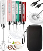 YUSWKO Rechargeable Milk Frother Handheld Frother Wand Drink Mixer for Coffee, Electric Whisk 3 Speed Adjustable, Coffee Foamer Maker with 3 Stainless Whisks Ideal Stirrers for Travel - White