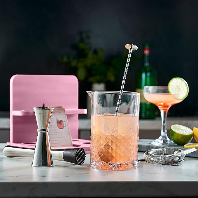 Crystal Cocktail Mixing Glass Set with Bamboo Stand - 22 Oz 650ml - Thick and Sturdy Bottom, Durable and Seamless Design with Bar Accessories, Pink