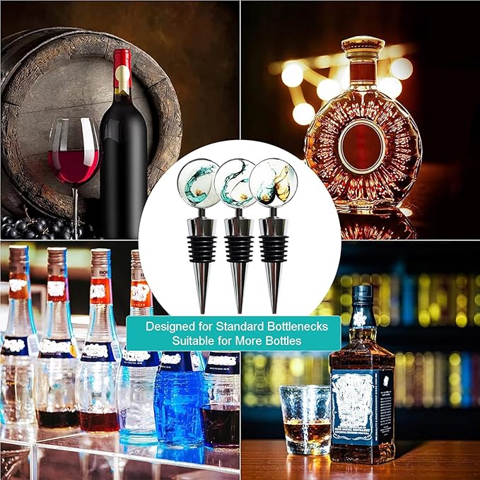 Wine Bottle Stoppers, Set of 3 Stainless Steel Wine Stoppers with Decorative Art Glass, Wine and Beverage Bottle Corks for Gifts, Bar, Wedding, Holiday Party (Green)