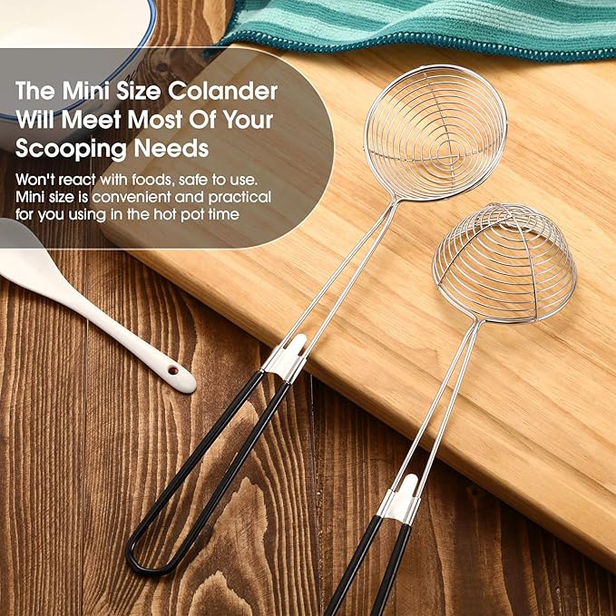 Geiserailie 6 Pieces Stainless Steel Hot Pot Strainer Scoops 2.5 Inch Mini Spider Strainer Skimmer Pasta Mesh Spoon Asian Skimmer Spoon Ladle with Handle for Home (Black)