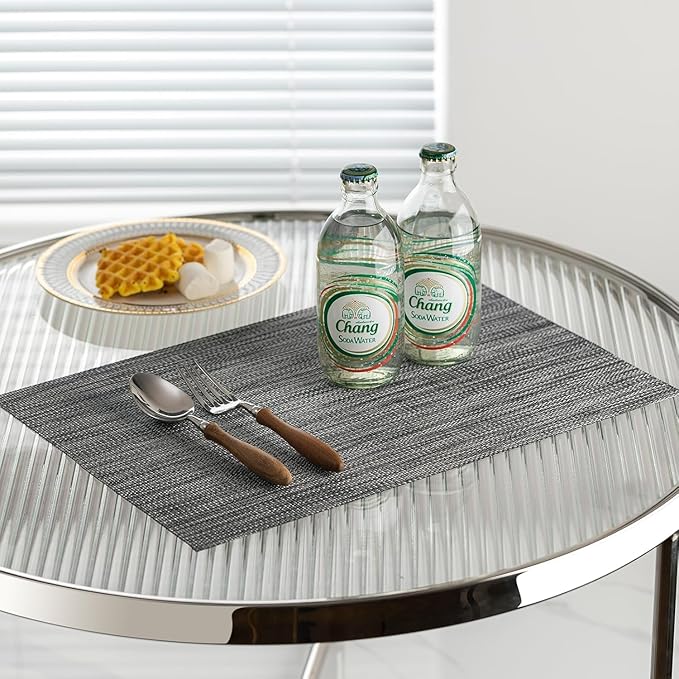 LEXMORE PVC Woven Placemats 6 PCS Wipeable Indoor/Outdoor Table Mats Washable Vinyl Place Mats for Dining Table, Set of 6-Dark Gray