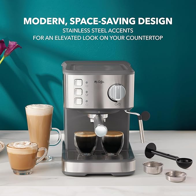 Mr. Coffee Compact Espresso Maker, Espresso Machine With Steam Wand, 15-Bar Pump Automatic Espresso Machine
