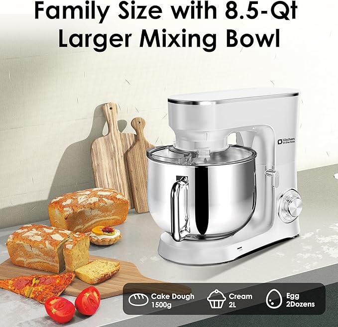 Kitchen in the Box Stand Mixer, 900W 8.5 QT Kitchen Electric Mixer, 10-Speed Large Capacity Tilt-head Food Mixer with Dough Hook, Wire Whip, Flat Beater & Splash Guard (White)