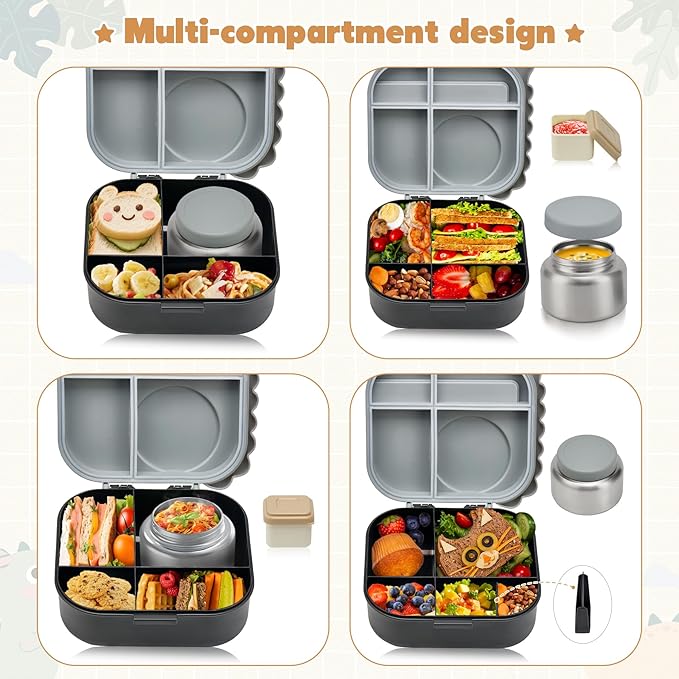 Bento Lunch Box with Thermo, 4-Compartment Bento Box with Adjustable Dividers, Leakproof Dinosaur Lunch Box with 14.2OZ Insulated Food Jar & Sauce Jar, for School Office Travel(Grey)