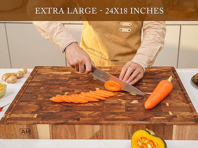 AZRHOM Thick End Grain Acacia Wood Cutting Board 24x18x2 In, Wooden Butcher Block, Chopping Board For Kitchen with Juice Groove Handles Non-Slip Pats (Gift Box)