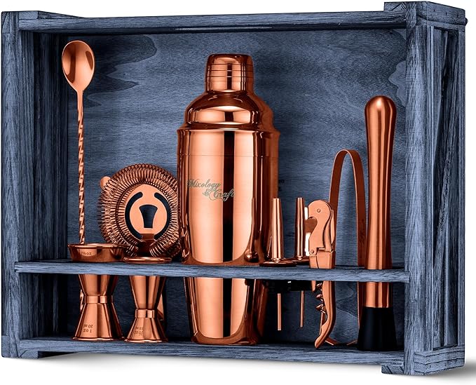 Mixology & Craft 11-Piece Cocktail Shaker Set, Bartender Kit with Stand, Stainless Steel Bar Tools, Dual Jiggers, Muddler & Pourers, Wood Display for Home Bar - Gift Ready (Copper)
