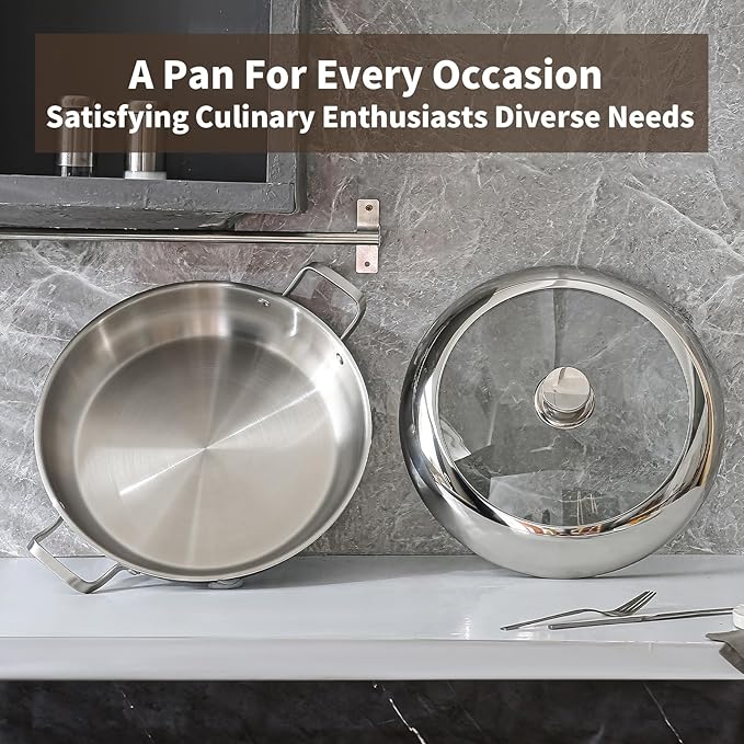 DELARLO 14 inch Paella Pan With Lid Tri-Ply Large Frying Pan Stainless Steel,Induction Skillets,Fast Heating Cookware,Indoors Outdoors,paelleras para 12 personas Jumbo Cooker