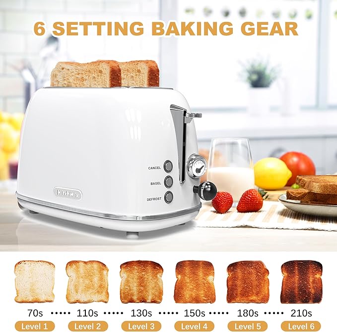Toaster 2 slice,Retro Stainless Steel Toaster with 6 Settings, 1.5 In Extra Wide Slots, Bagel/Defrost/Cancel Function, Removable Crumb Tray (White)
