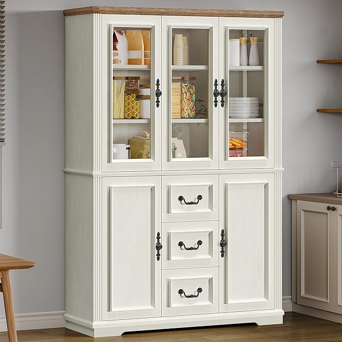 DWVO Large Storage Cabinet, 72" Tall Kitchen Pantry with Glass Doors, Freestanding Glass Display Cabinets with Adjustable Shelves & Drawers, Food China Hutch for Dining Room, Living Room, White