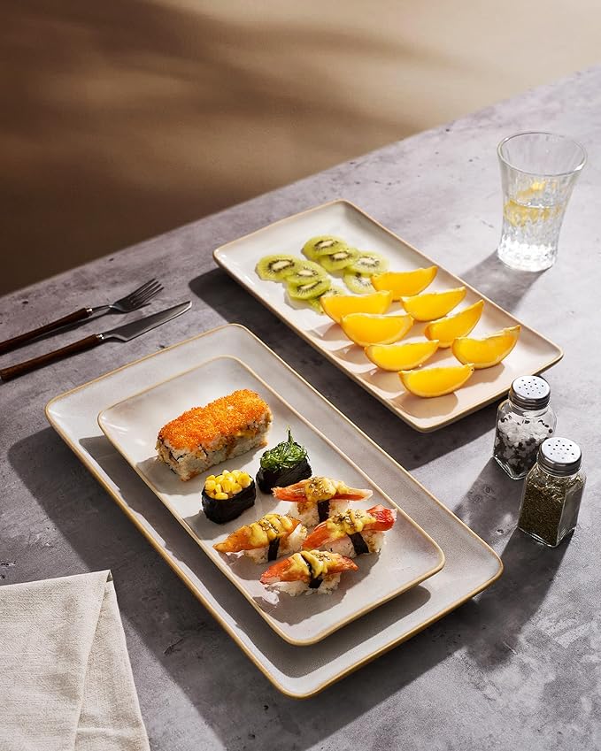 famiware Serving Platter, Rectangular 15.67/14.1/12.6inch Serving Dishes for Entertaining, Microwave Dishwasher Safe, Stoneware Serving Trays for Party, Turkey, Cheese, Ocean Series, Cappuccino White